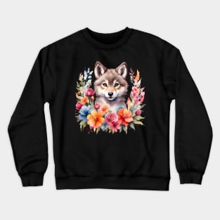 A wolf decorated with beautiful watercolor flowers Crewneck Sweatshirt